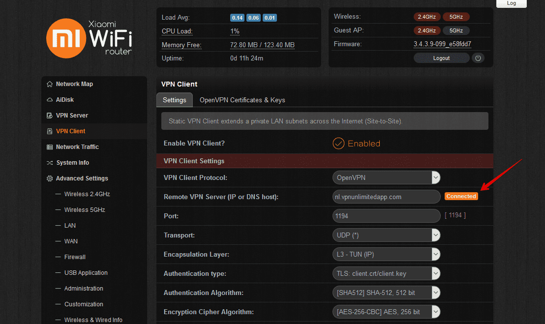 VPN connection status on Xiaomi WiFi router with Padavan firmware